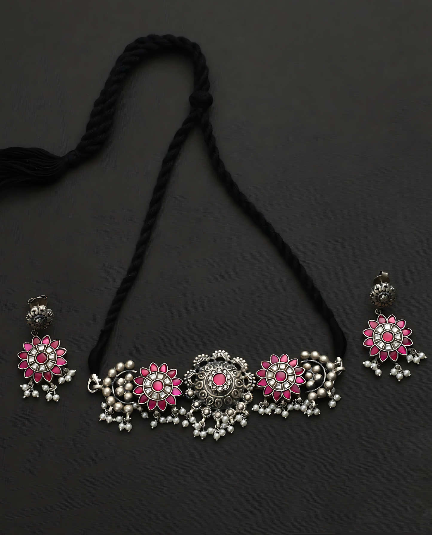 Pink white kundan Choker set with earrings