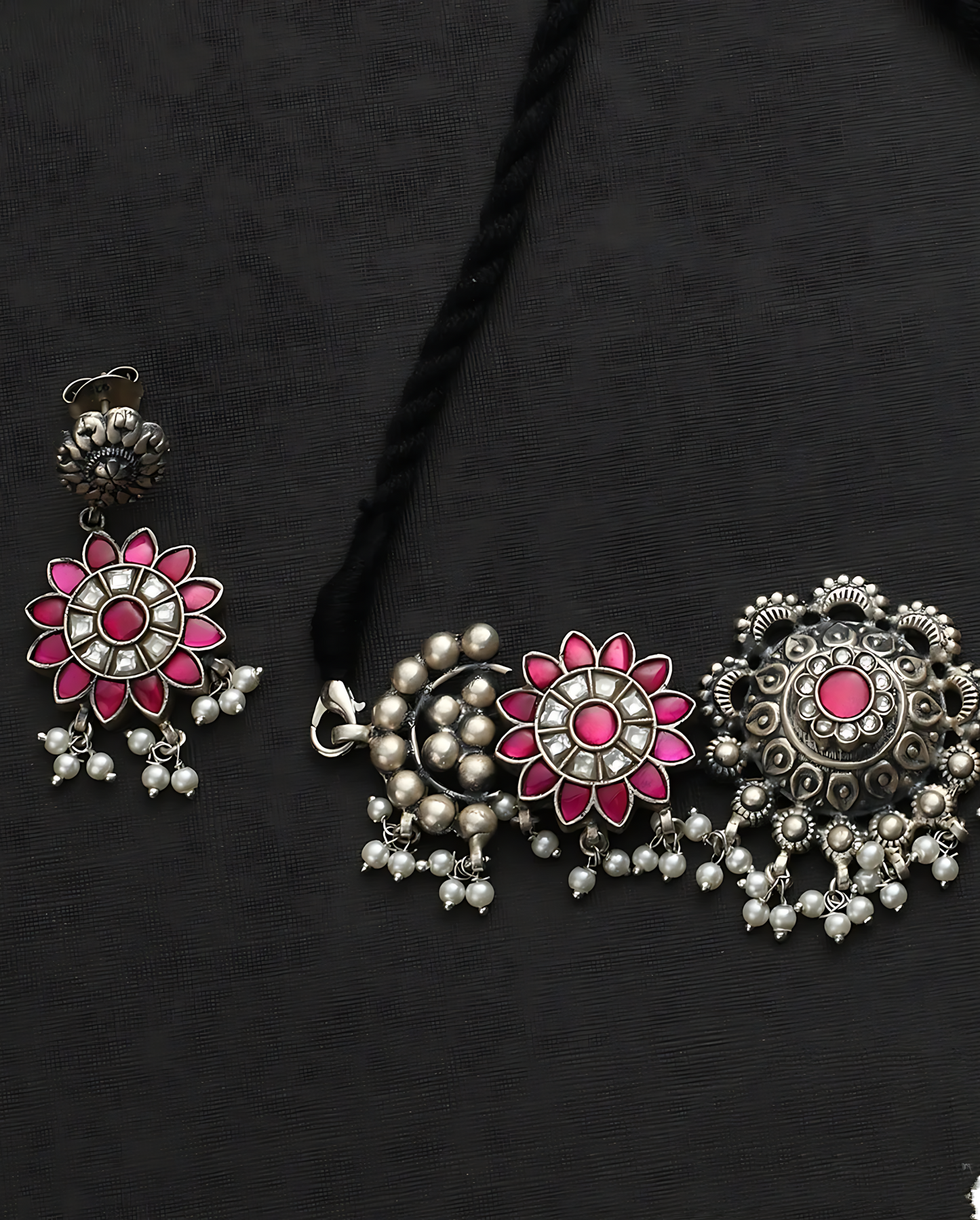 Pink white kundan Choker set with earrings