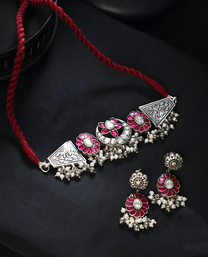 Pink Floral Kundan choker set with earrings