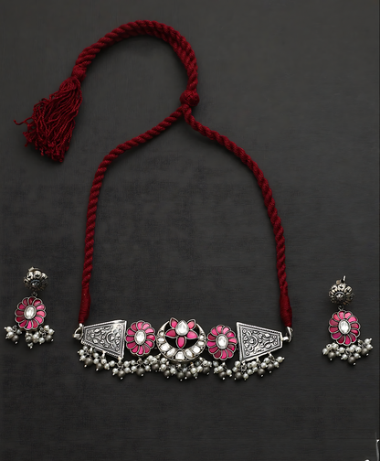 Pink Floral Kundan choker set with earrings