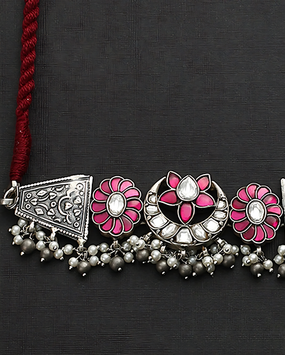 Pink Floral Kundan choker set with earrings