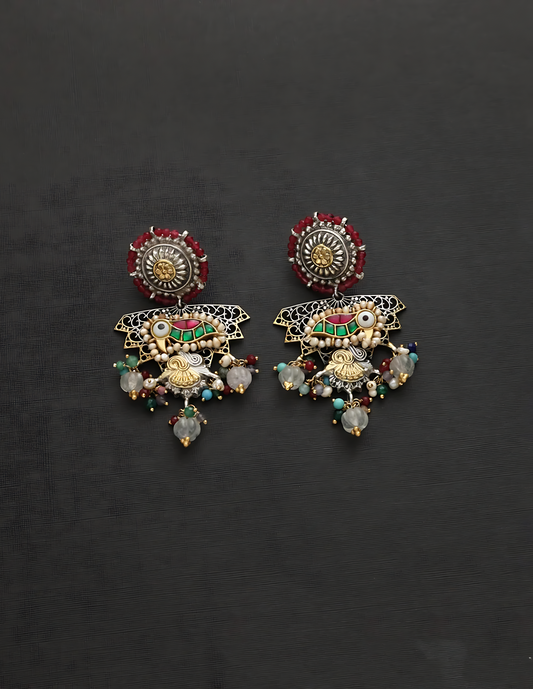 Peacock Silver Fusion Kundan Earrings