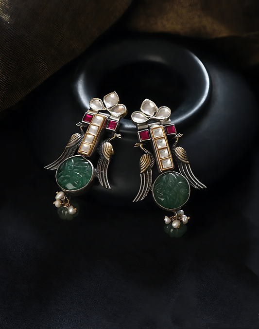 Green Kundan Onyx Fusion Long Earrings