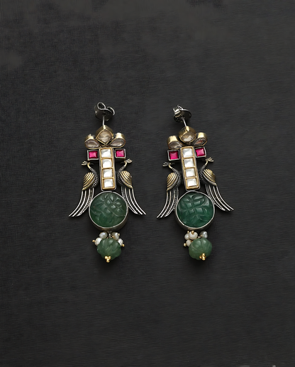 Green Kundan Onyx Fusion Long Earrings