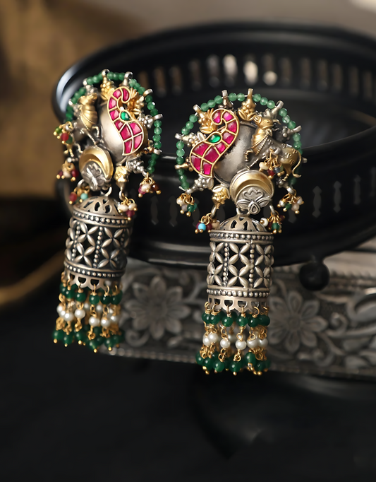 Silver Fusion Round Bird Jhumkis