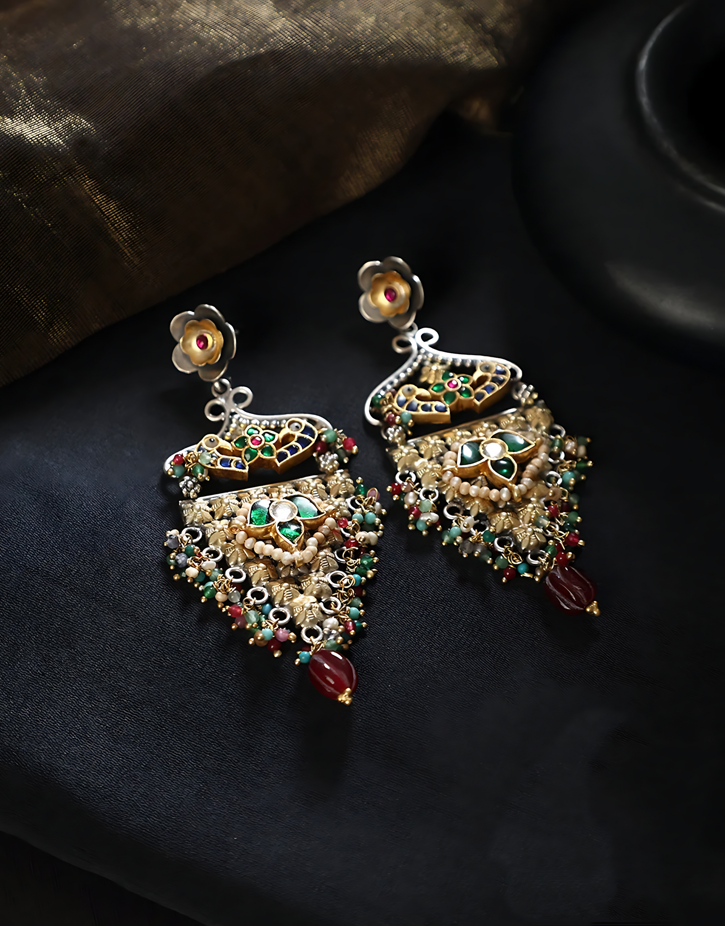 Silver Kundan Long Pearl Fusion Earrings