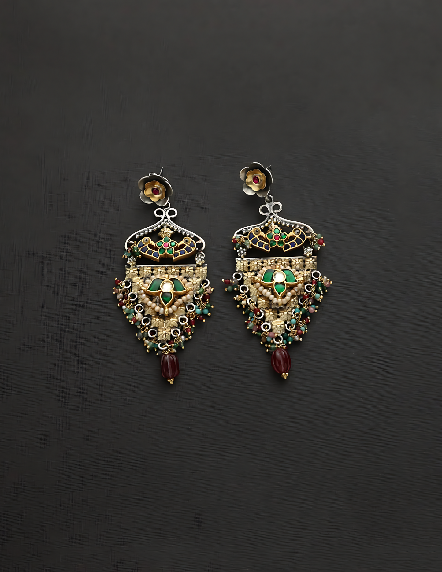 Silver Kundan Long Pearl Fusion Earrings