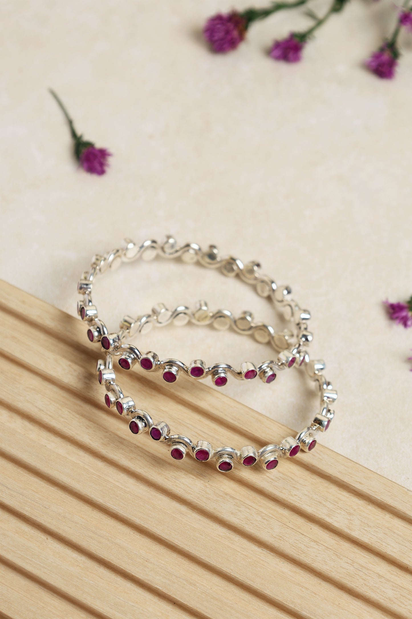 Ruby Wavy Silver Bangles