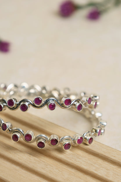 Ruby Wavy Silver Bangles