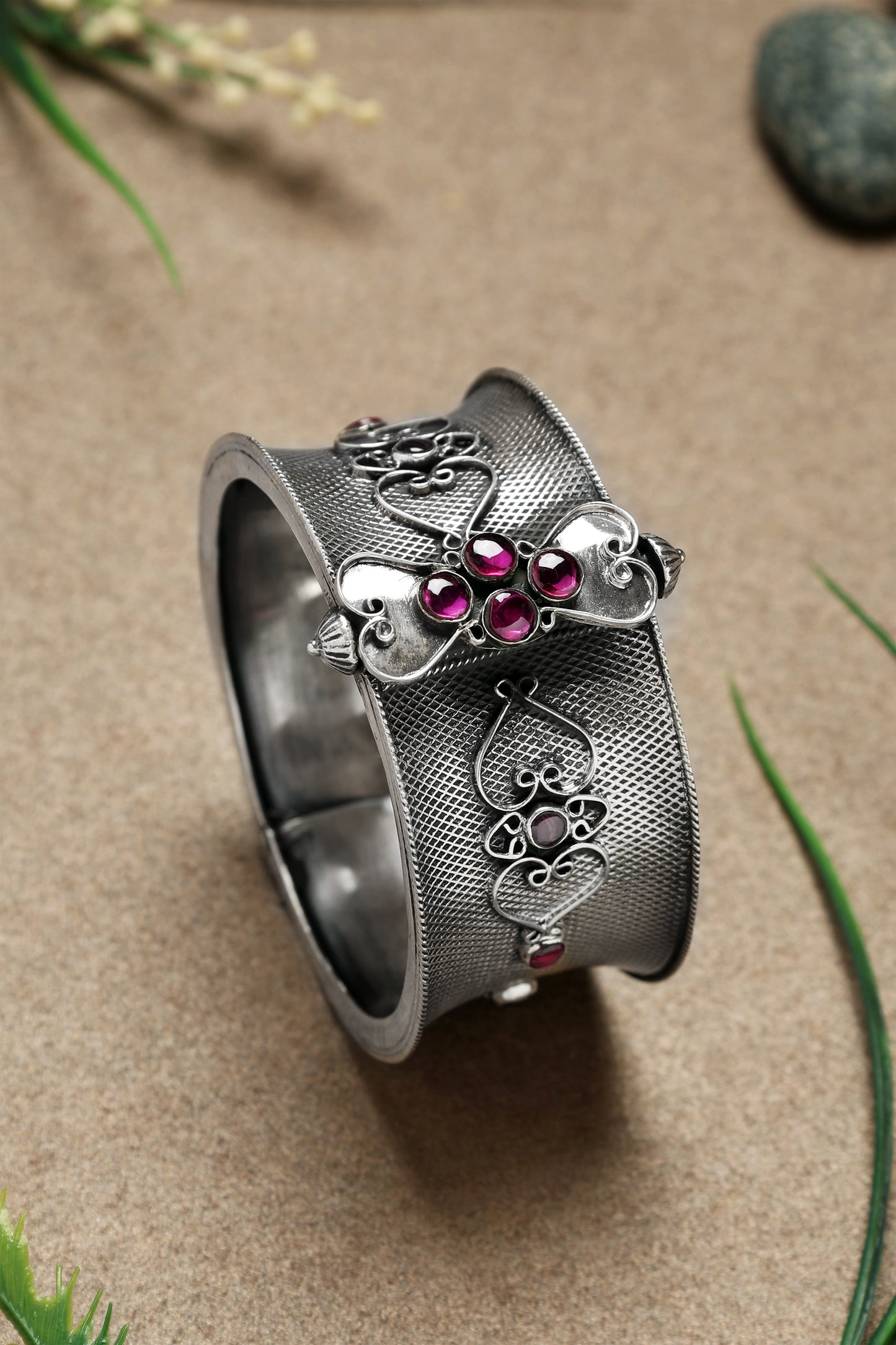 Ruby Silver Intricate Kada