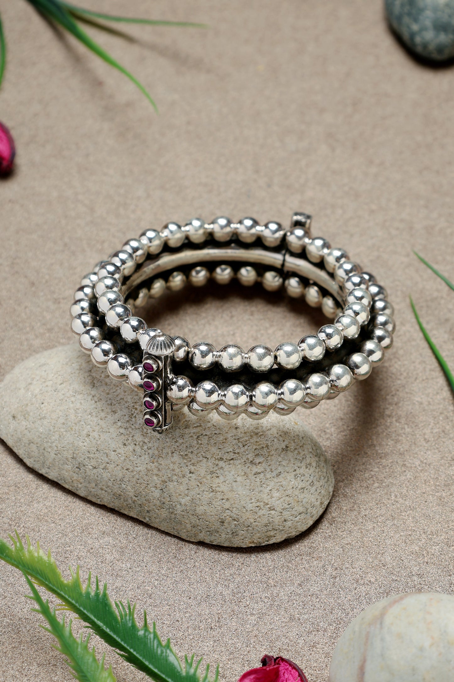 Beaded Ruby Silver Kada