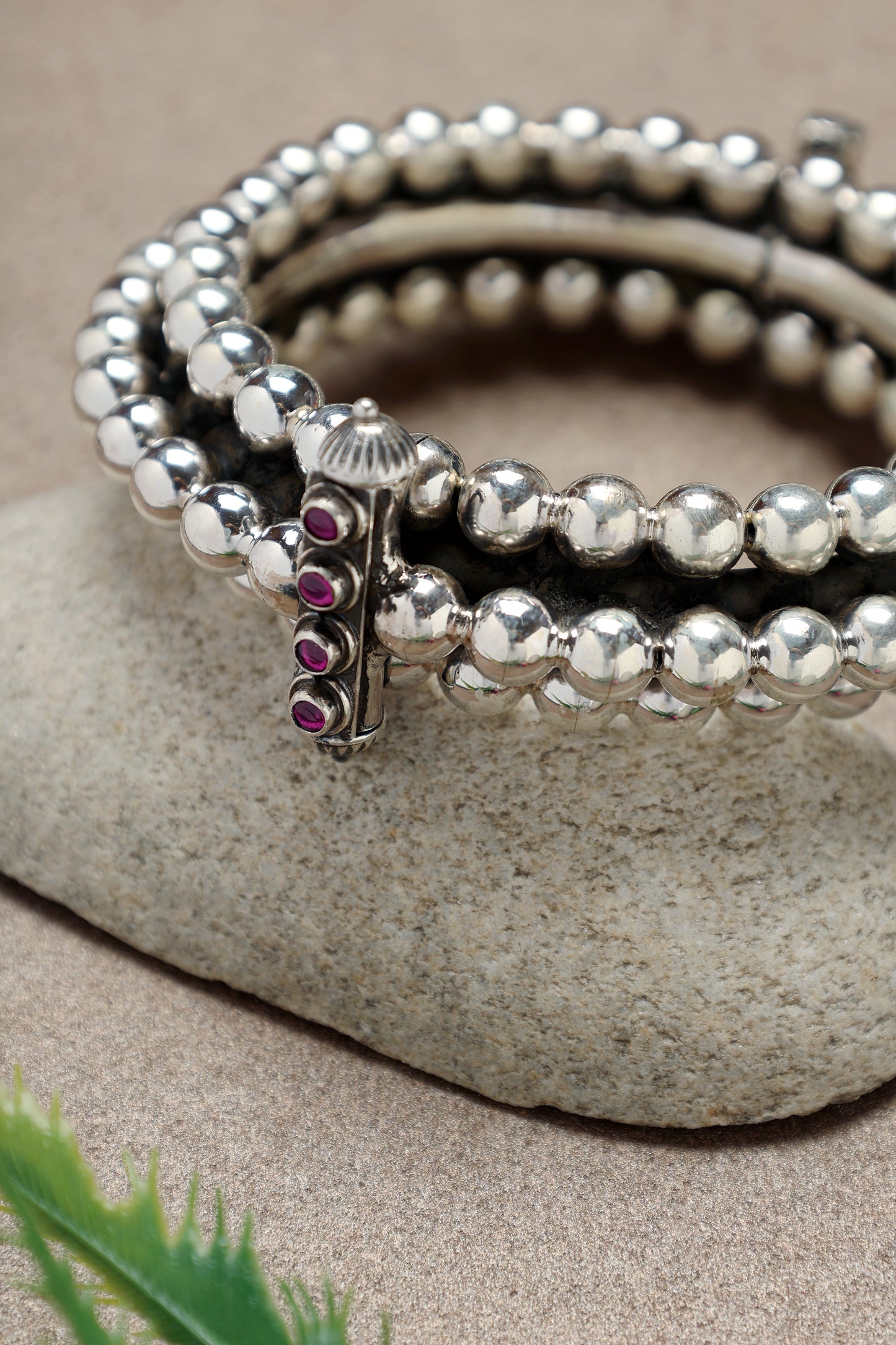 Beaded Ruby Silver Kada