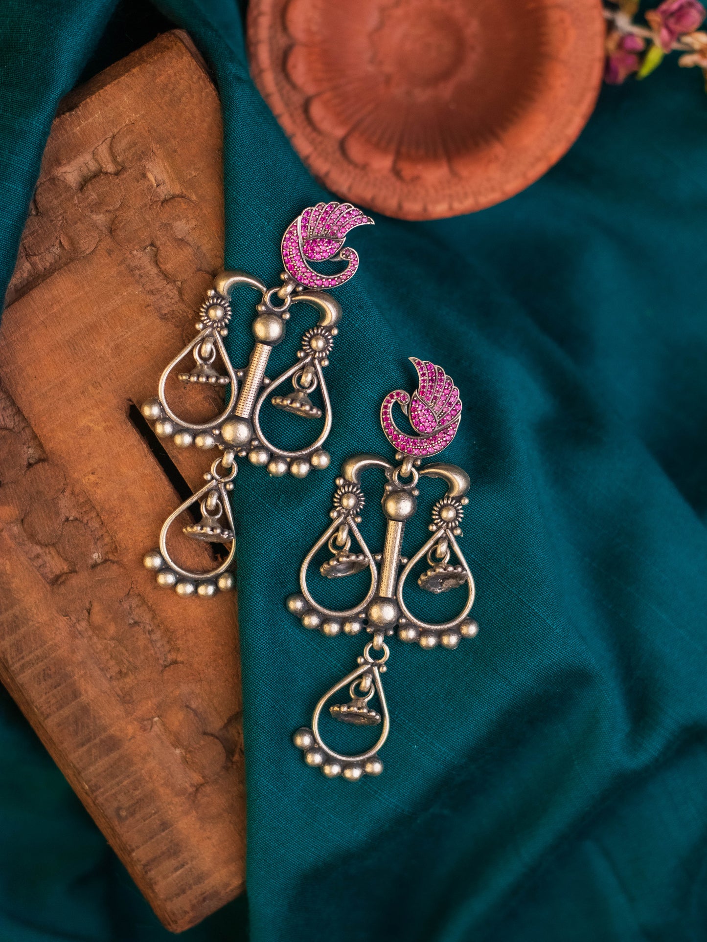 Layered Swan Temple Silver Jhumkis