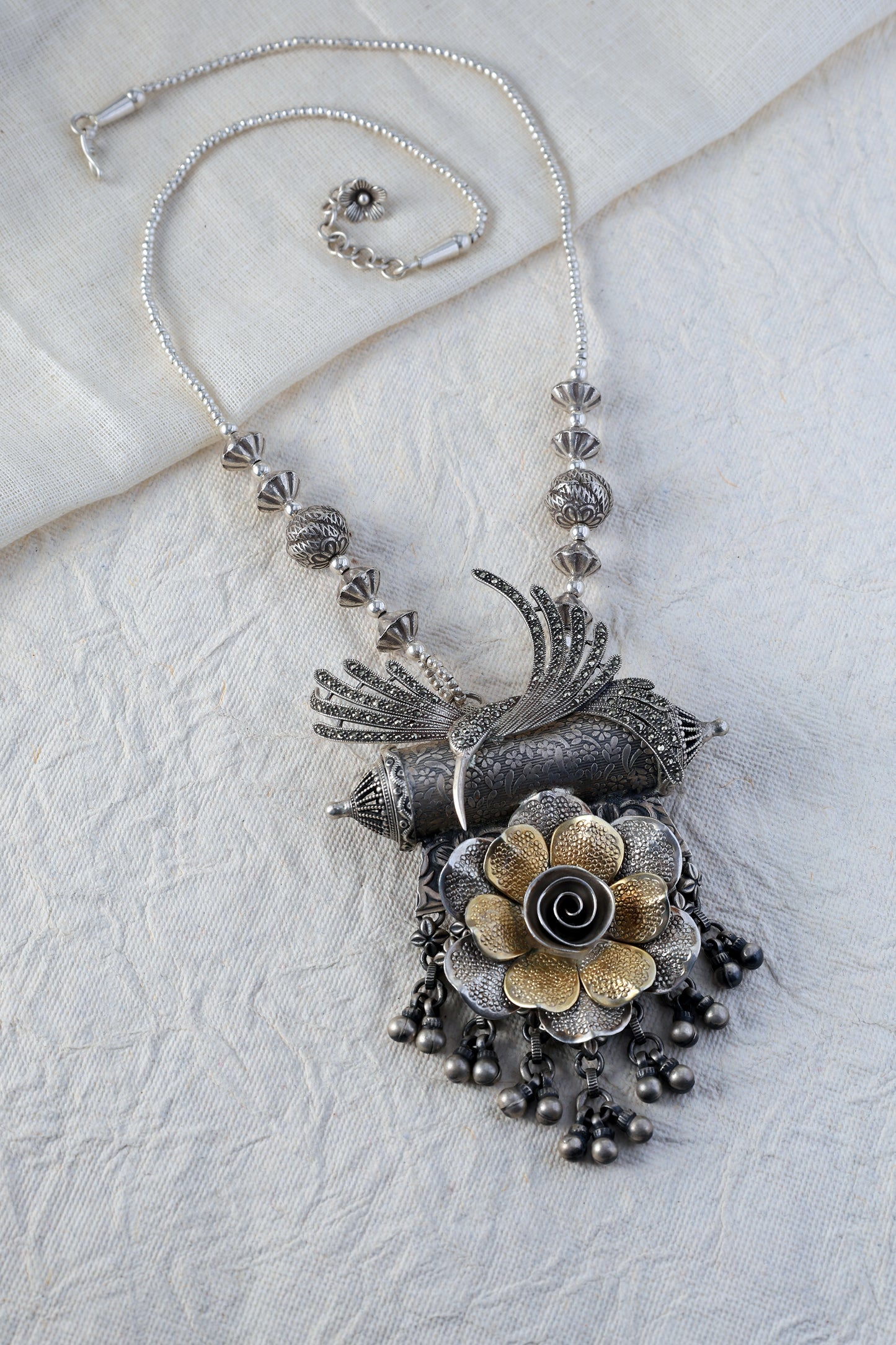 Silver Floral Marcasite Stone Long Necklace