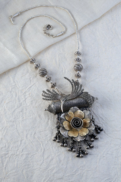 Silver Floral Marcasite Stone Long Necklace