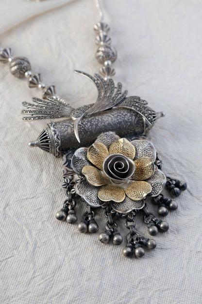 Silver Floral Marcasite Stone Long Necklace
