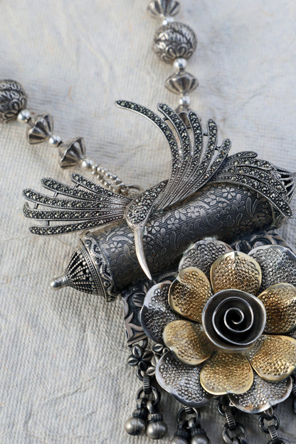 Silver Floral Marcasite Stone Long Necklace