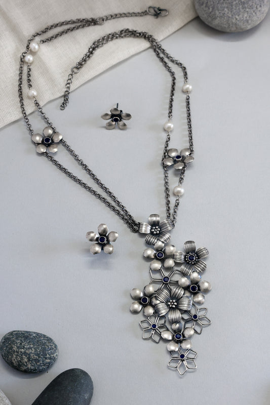 Silver Floral Long Necklace Set
