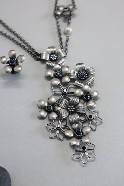 Silver Floral Long Necklace Set