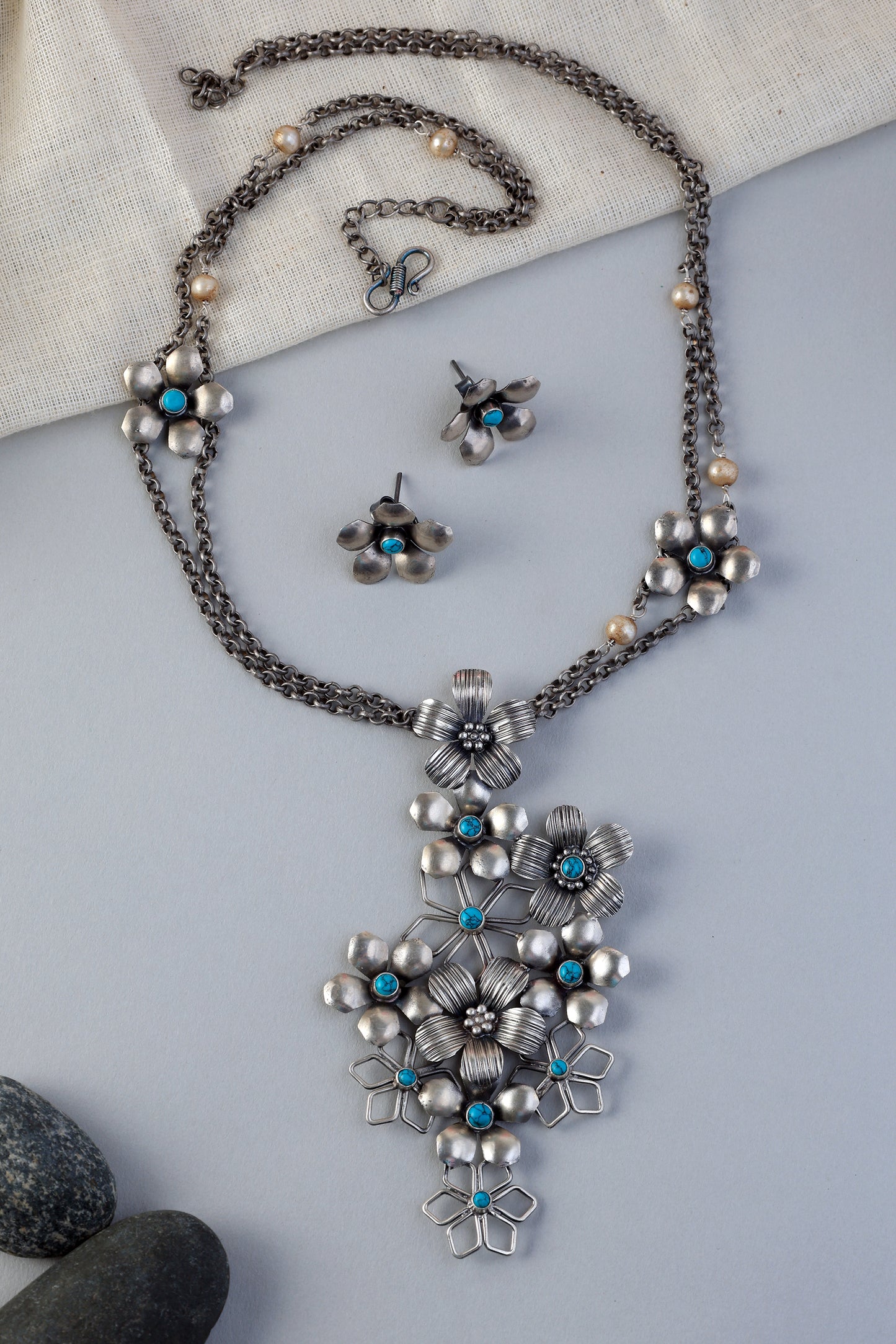 Silver Turquoise Floral long Necklace Set