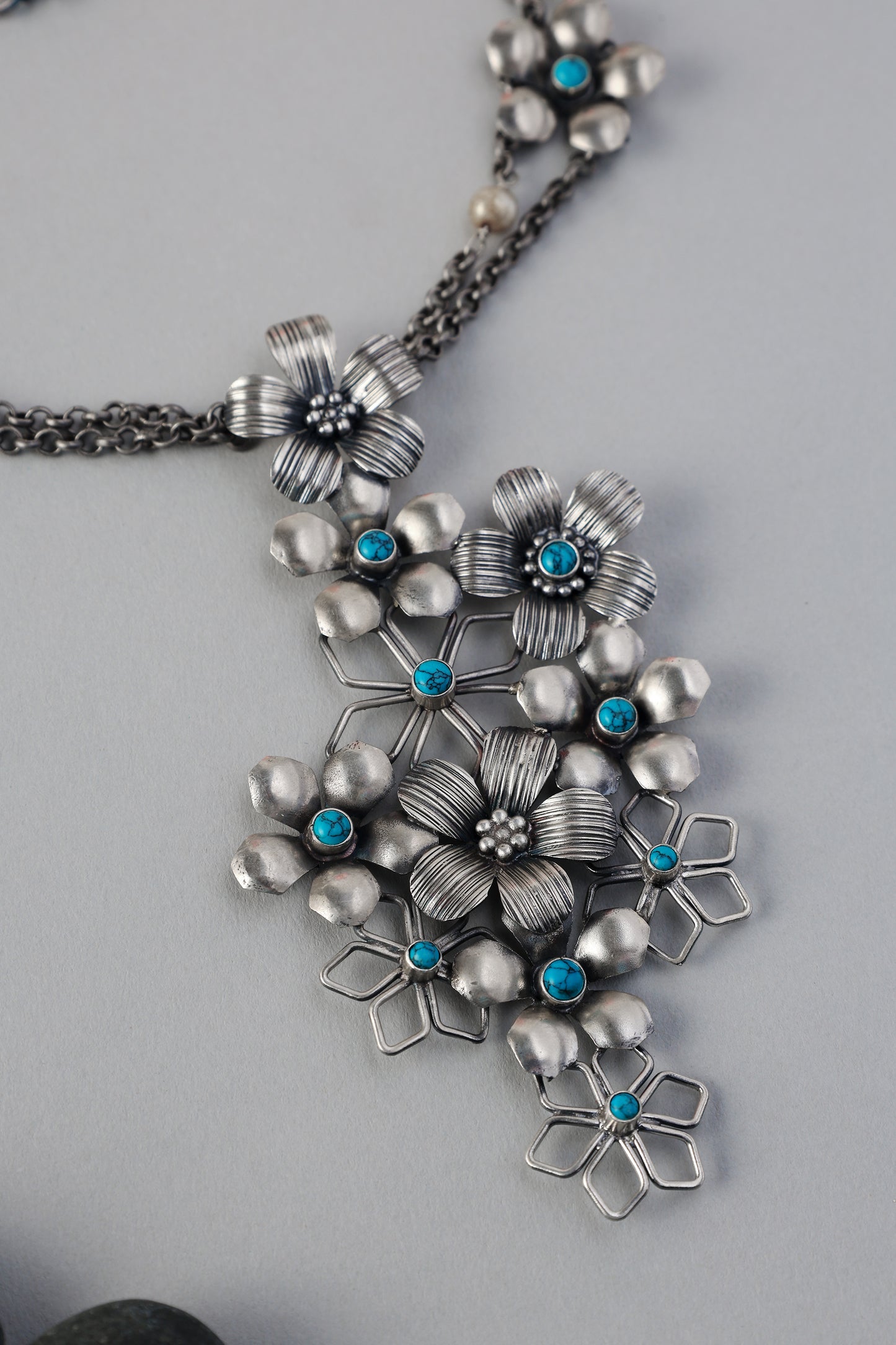 Silver Turquoise Floral long Necklace Set