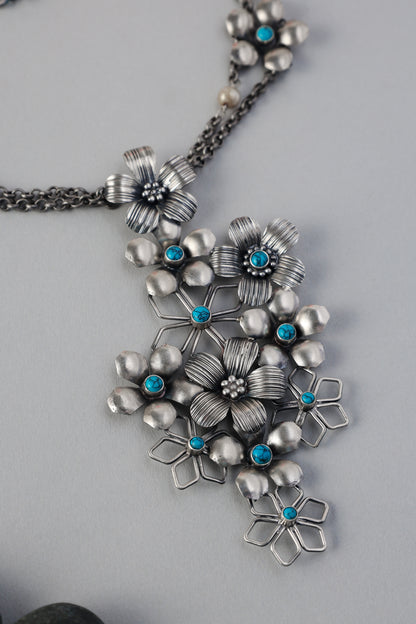 Silver Turquoise Floral long Necklace Set