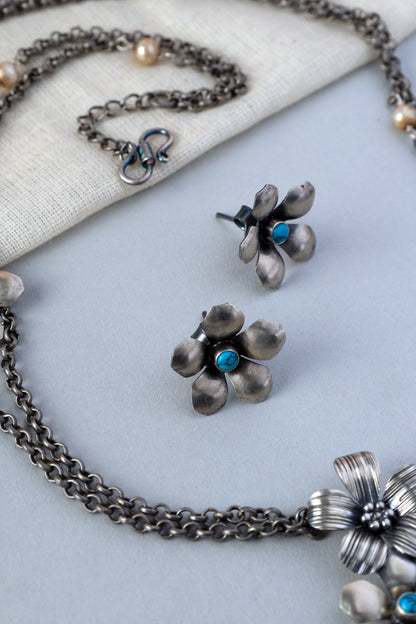 Silver Turquoise Floral long Necklace Set