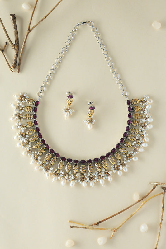 Silver Dual Tone Kempstone Pearls Necklace Set