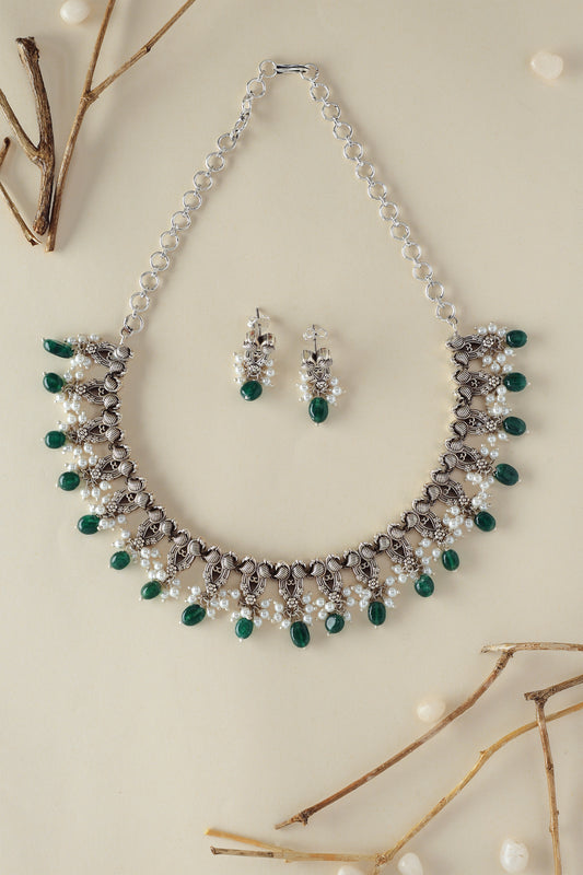 Silver Onyx Pearl Necklace Set