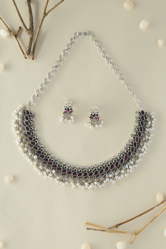 Silver Onyx Pealrs Necklace Set