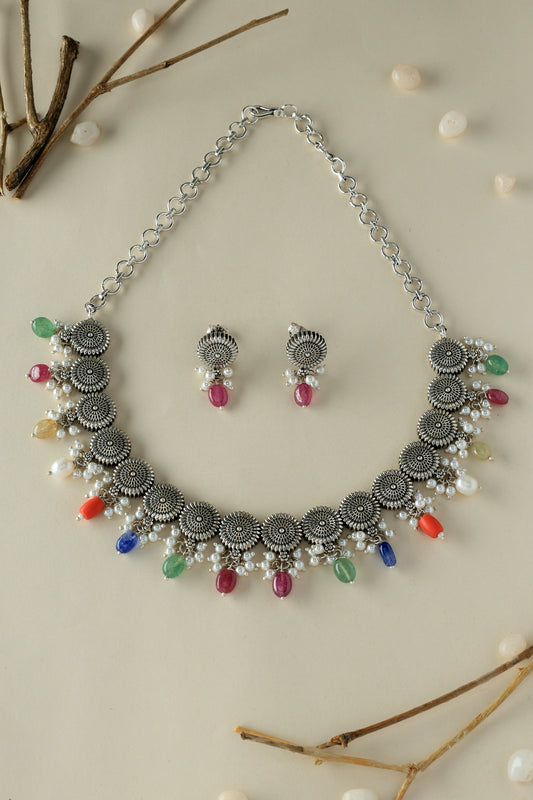 Silver Navratna Necklace Set
