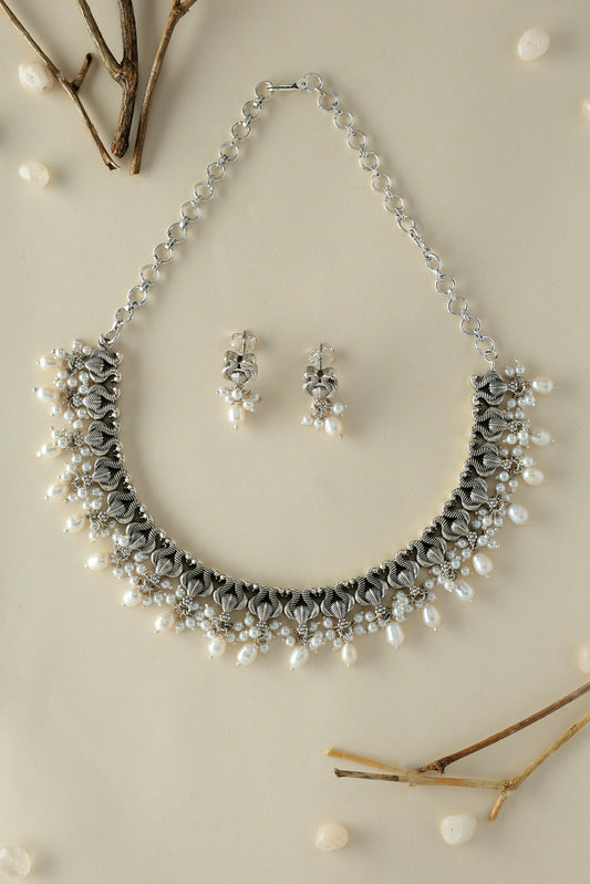 Silver Bird Pearls Necklace Set