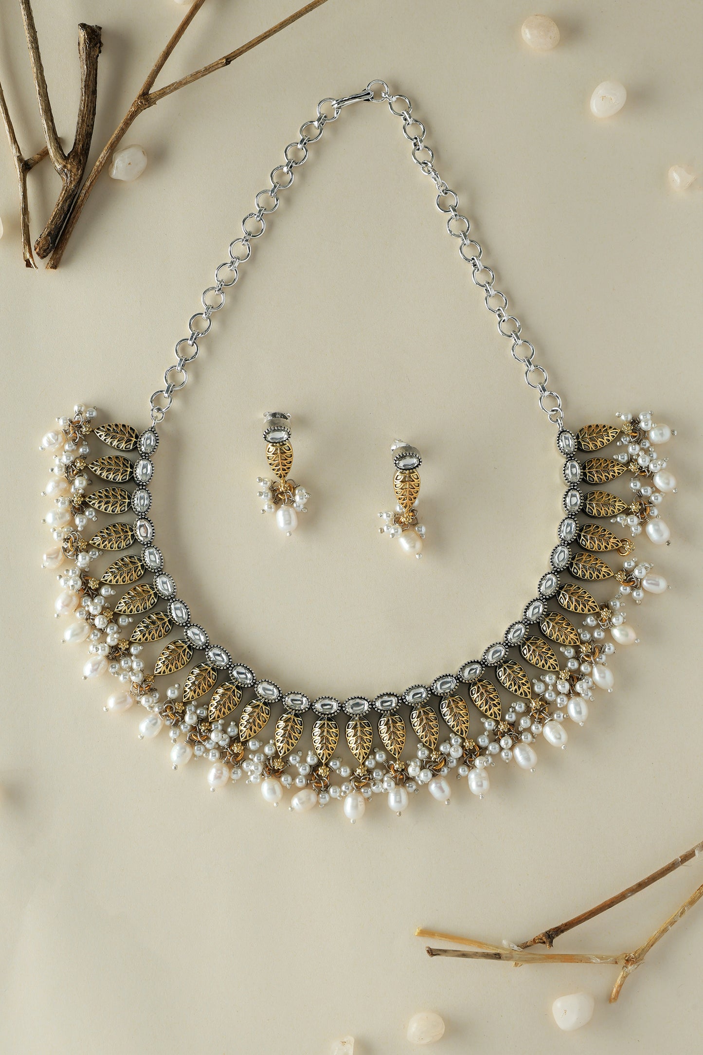 Silver Dual Tone Pearl Necklace Set