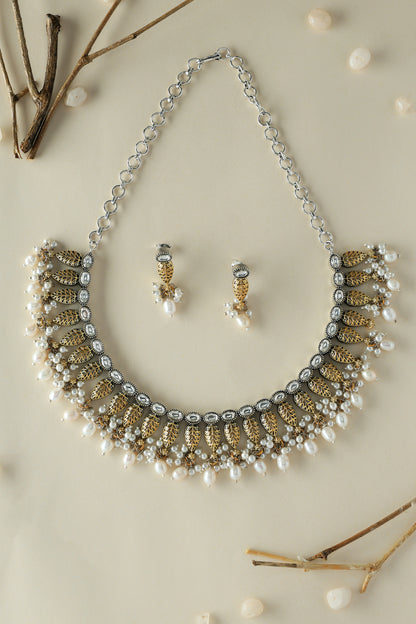 Silver Dual Tone Pearl Necklace Set