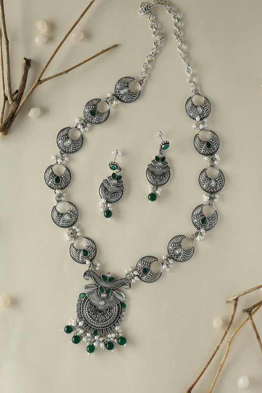 Silver Peacock Long Necklace Set