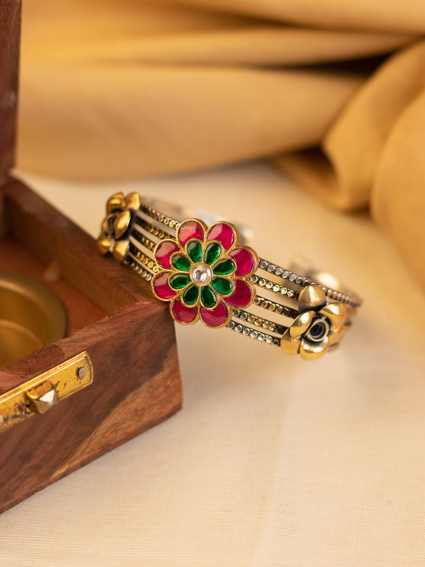 Red Green Floral Kundan Cuff