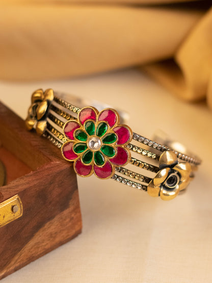 Red Green Floral Kundan Cuff