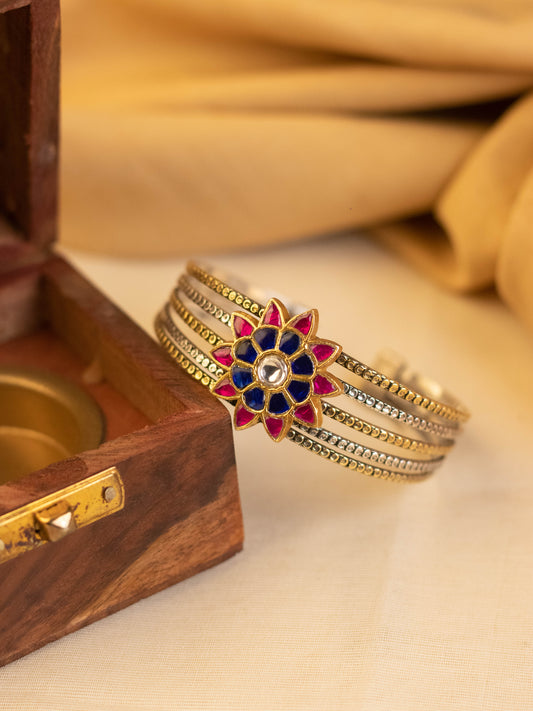 Blue Pink Floral Kundan Cuff