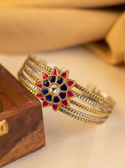 Blue Pink Floral Kundan Cuff