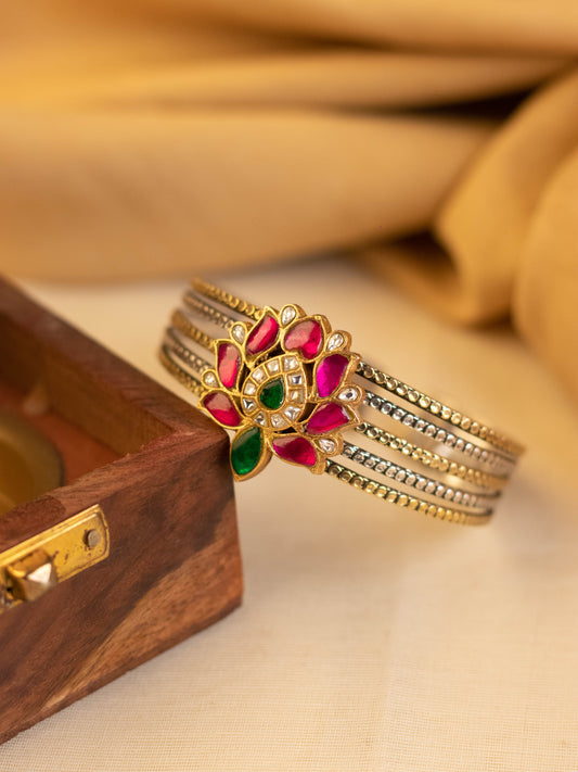 Pink Green Floral Kundan Cuff