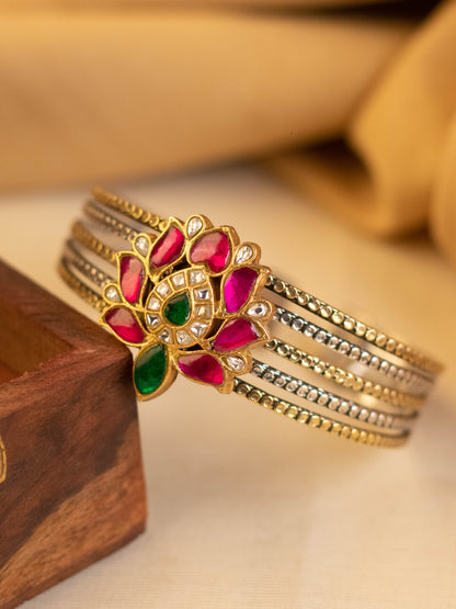 Pink Green Floral Kundan Cuff