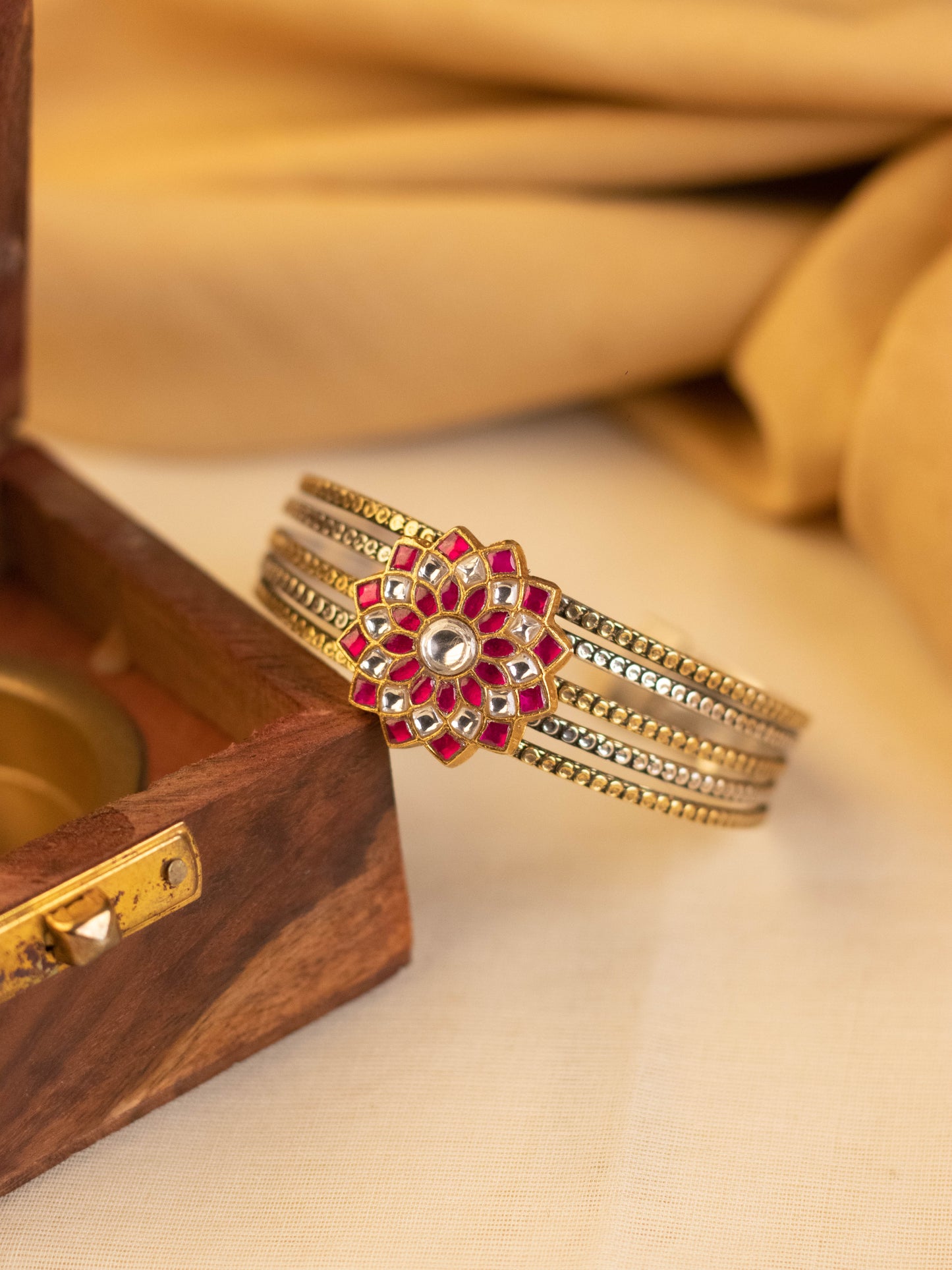 Pink White Floral Kundan Cuff