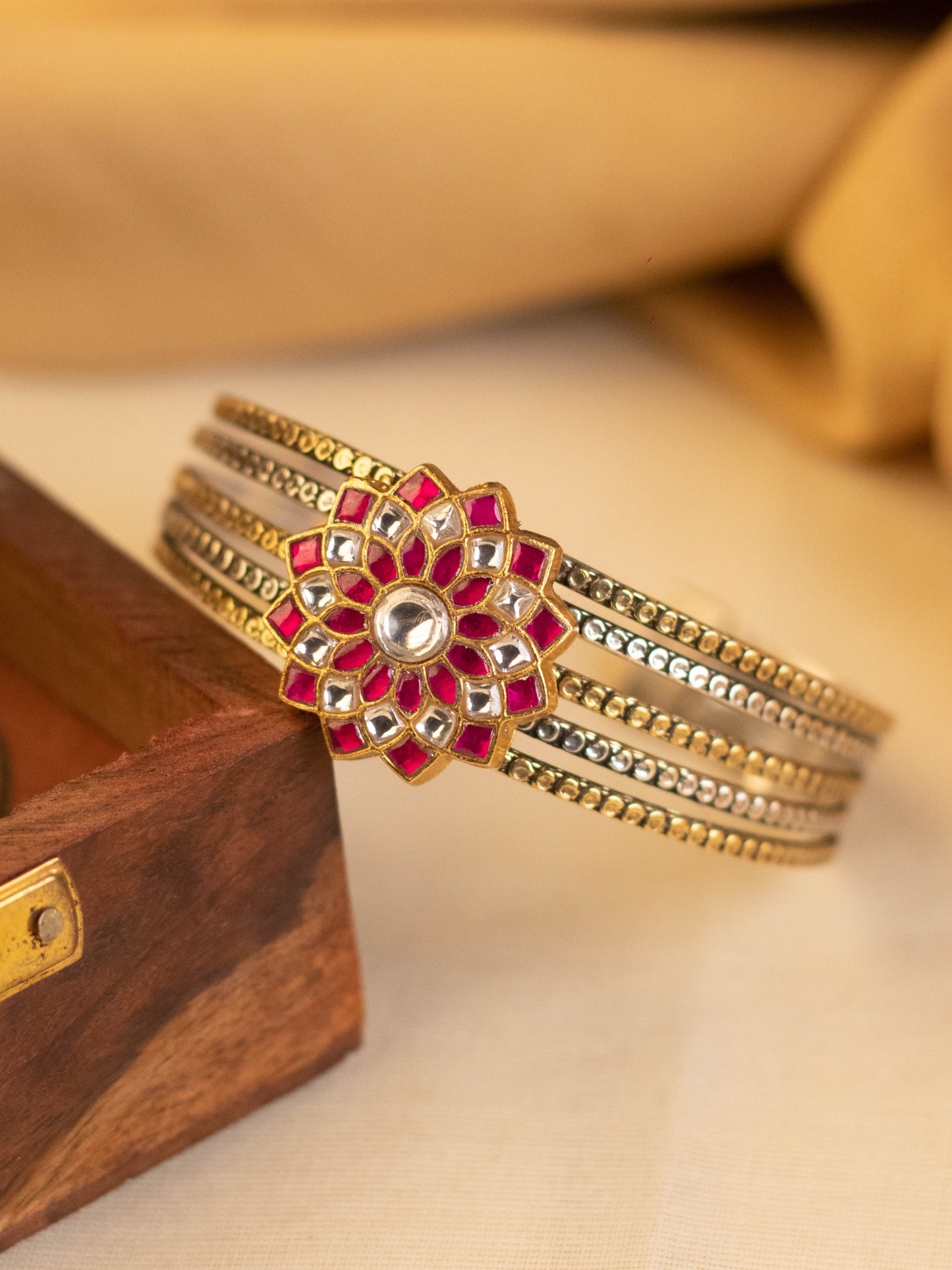 Pink White Floral Kundan Cuff