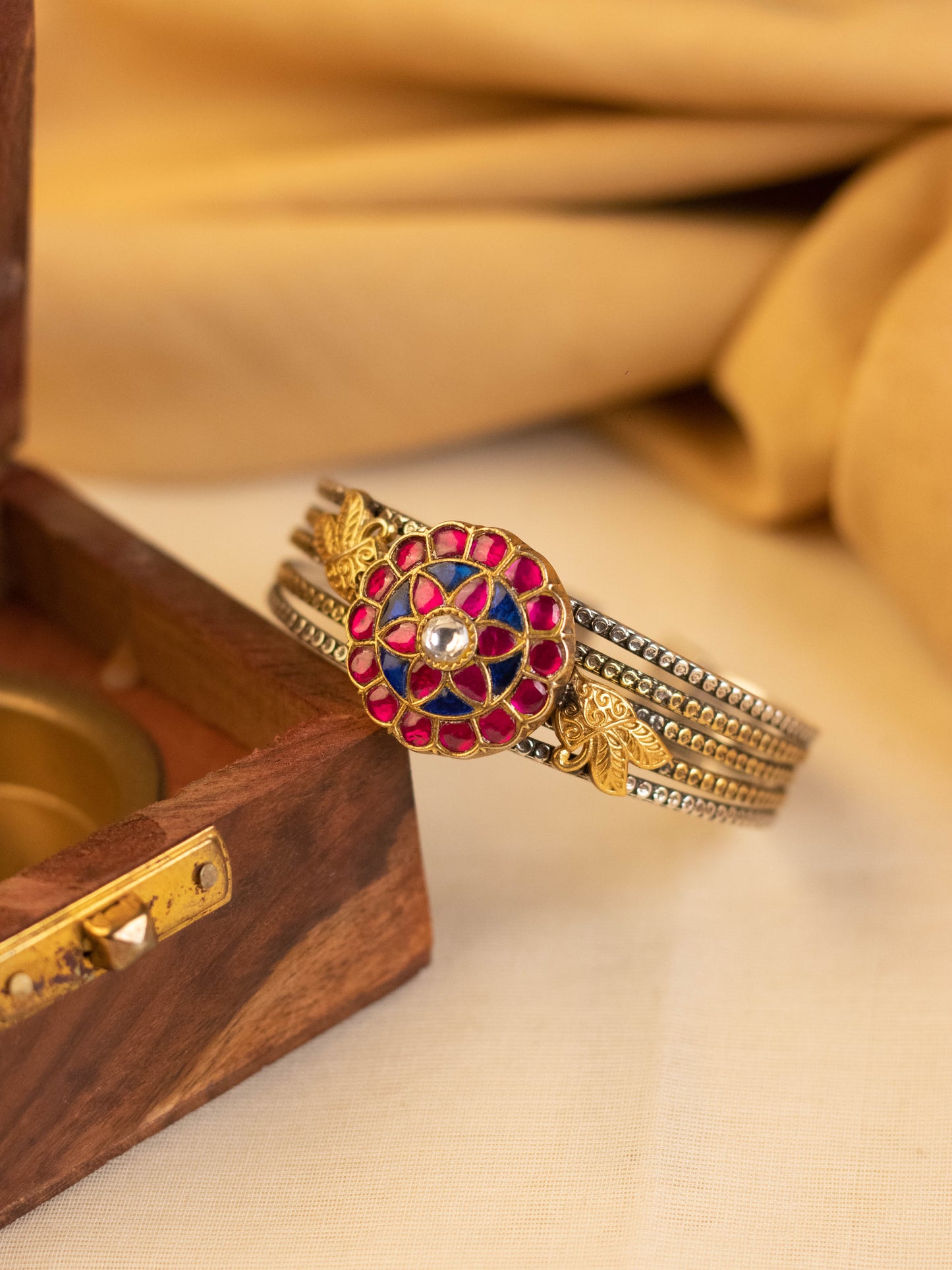 Blue Pink Bird Floral Kundan Cuff