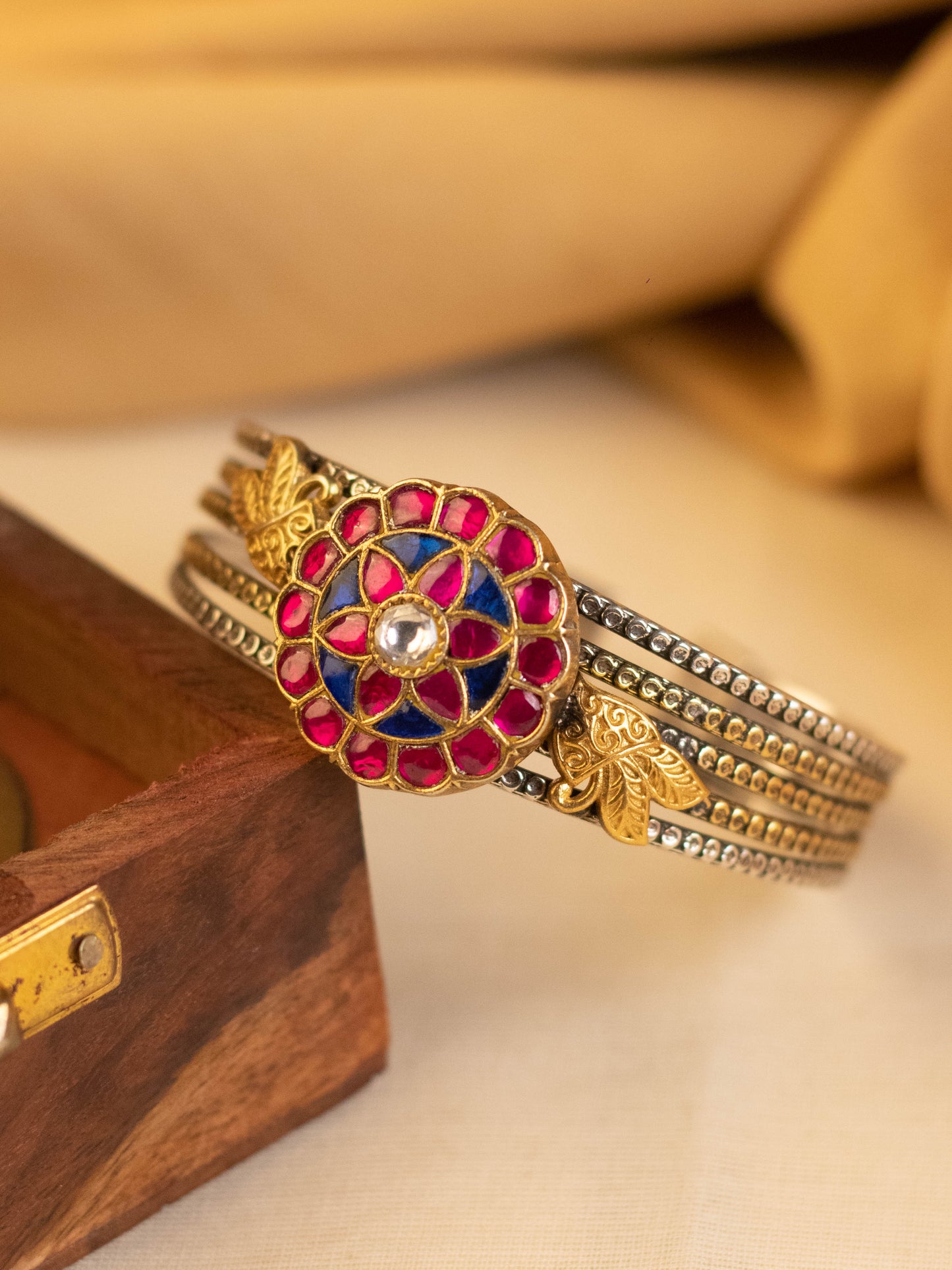 Blue Pink Bird Floral Kundan Cuff