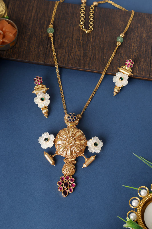 Mother of Pearl Temple Long Pendant Necklace Set