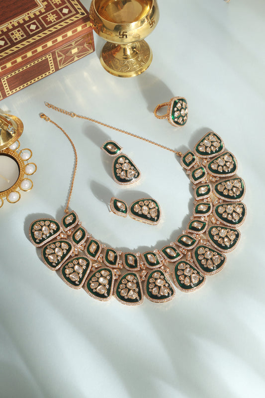 Green Moissanite Temple Necklace Set with Ring