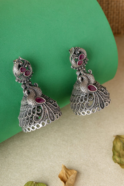 Pink Peacock Temple Silver Jhumkis