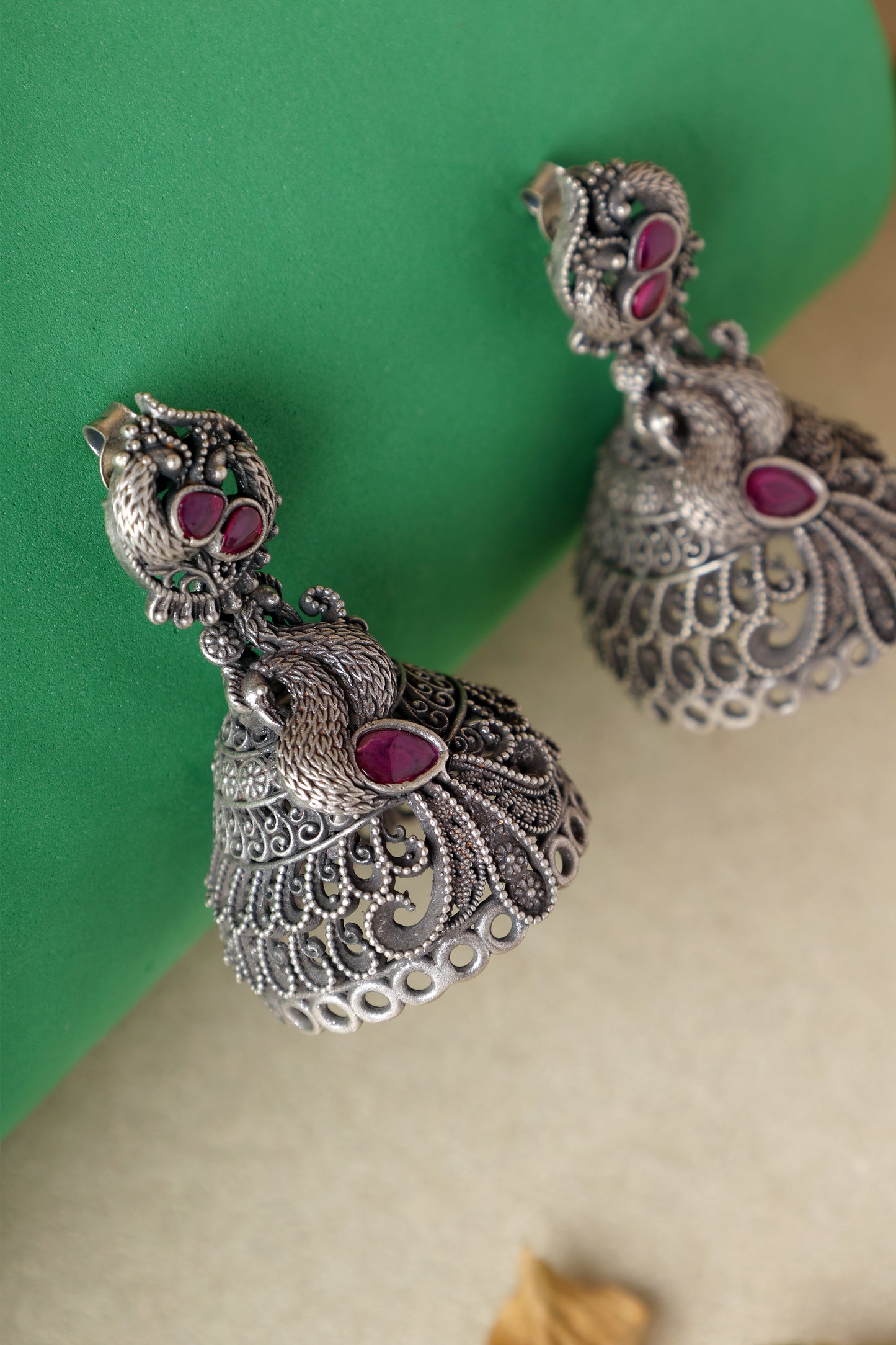 Pink Peacock Temple Silver Jhumkis