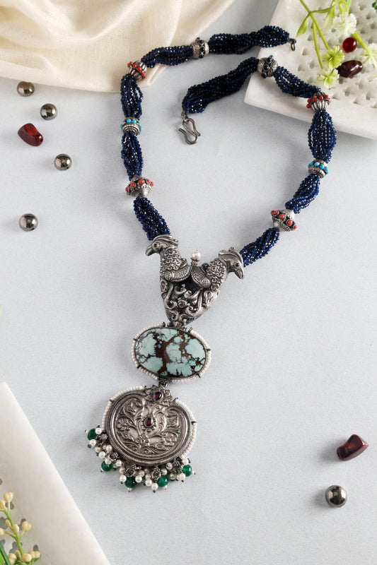 Turquoise Long Silver Temple Pendant Necklace